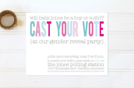 Baby Gender Reveal Party Invitations - Blue and Pink Cast Your Vote Invites - Set of 12 Custom Invites