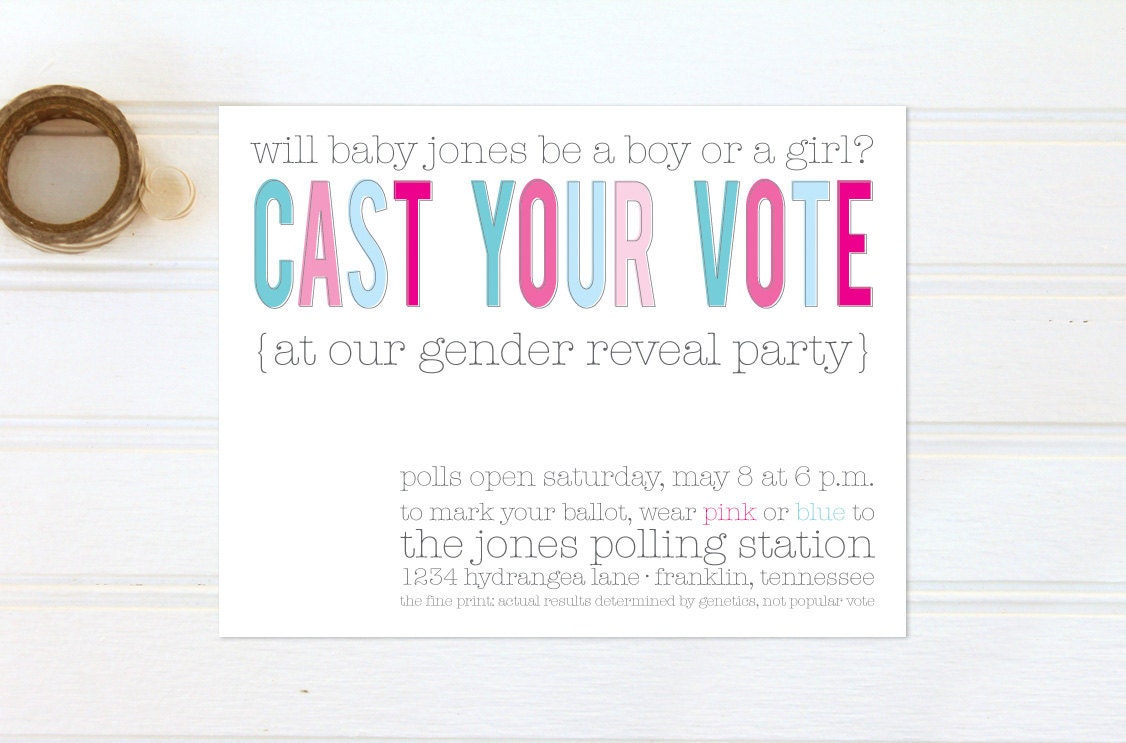 Baby Gender Reveal Party Invitations - Blue and Pink Cast Your Vote Invites - Set of 12 Custom Invites