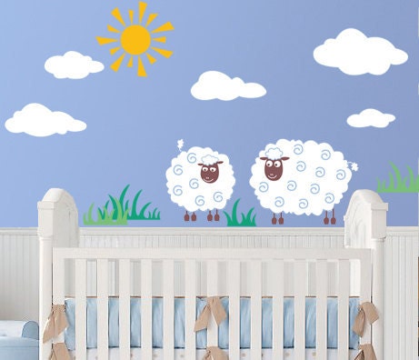 Farm Nursery Wall Decals-Sheep Grace Sun Clouds-also for Kids Wall Decals
