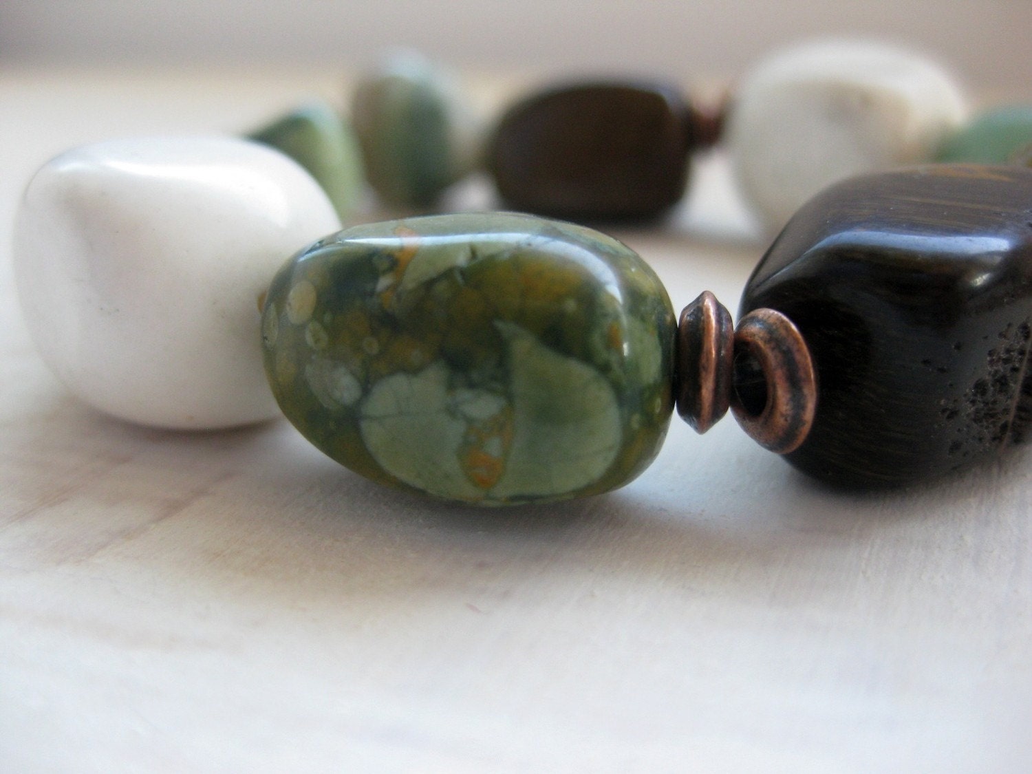 Nugget Stone Bracelet, Copper Beaded Bracelet Stretch Green Brown Chunky