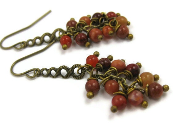 Red Orange Beaded Dangle Earrings in Brass Fashion Under 25 Autumn Fall Fashion