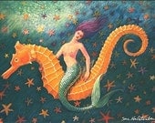 Seahorse Mermaid Art whimsical fantasy starfish 5x7 note card of painting