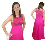 1960s dress, 60s prom dress, beaded silk dress, paisley dress, maxi dress, shantung silk, formal dress, empire waist, Size S