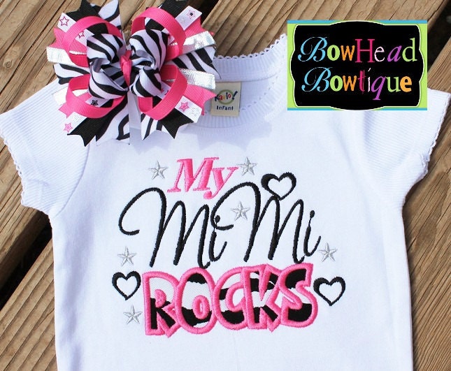 My Mimi ROCKS - Zebra White Applique Boutique Shirt or Onesie and Matching Hair Bow Set for Girls