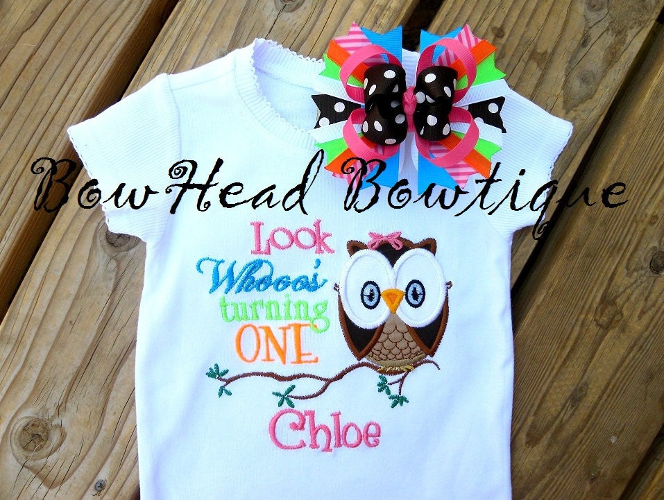 Look Whoos Turning One, Two, Three, Four, Etc, Personalized Owl Boutique Applique Shirt & Bow Set for Girls