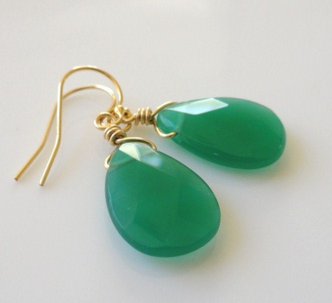 Sharon ...large emerald green chalcedony faceted briolette earrings in gold. Also available in silver.