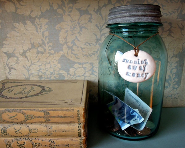 Running away money- ceramic label for jar