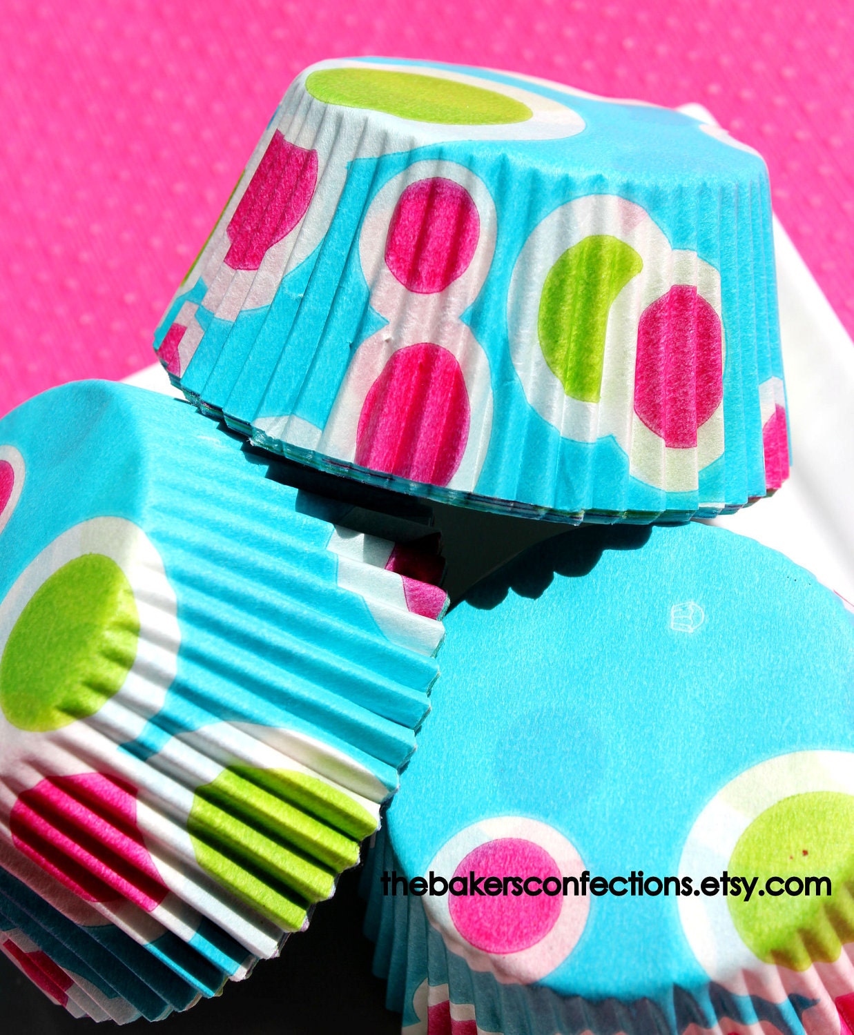 Aqua Polka Dot Cupcake Liners with Hot Pink and Lime Dots (45)