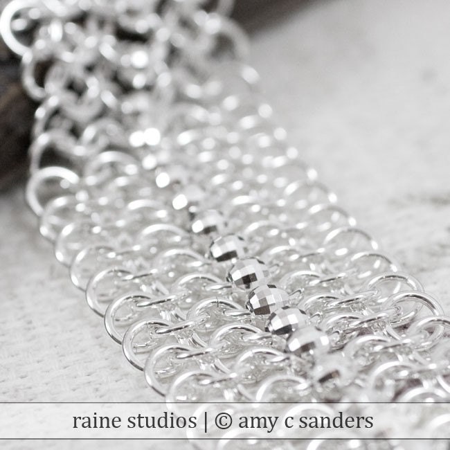 Red Carpet - Sterling silver mesh bracelet with faceted sterling silver beads