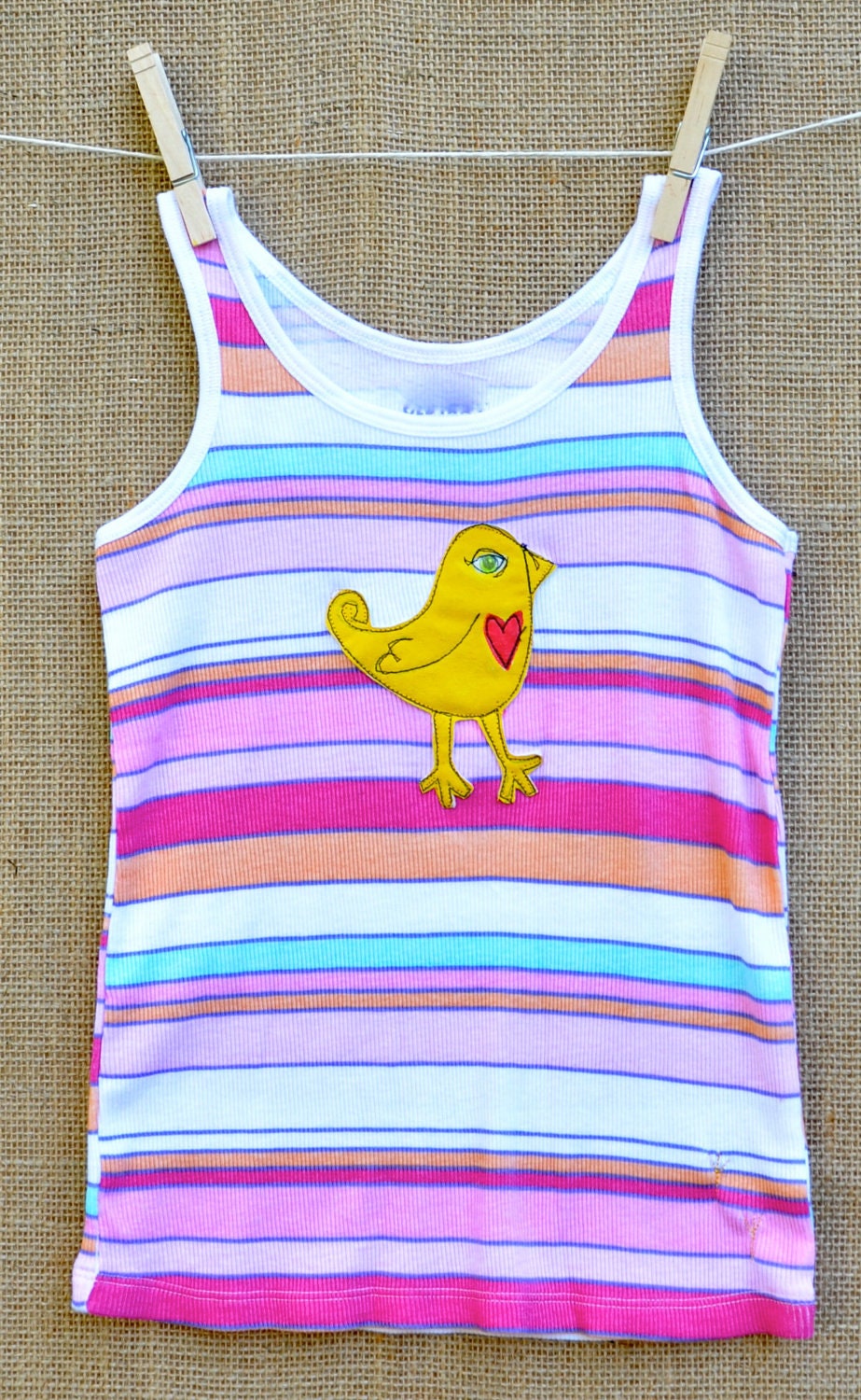 Little Bird Tank's Have Arrived with hand painted signature Ava Bird Appliqued on front accents bright bold pink orange blue purple stripe