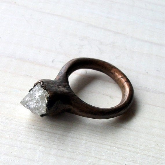 Copper Ring Herkimer Diamond Raw Quartz Crystal Ice Natural Gem Stone Patina Artisan
