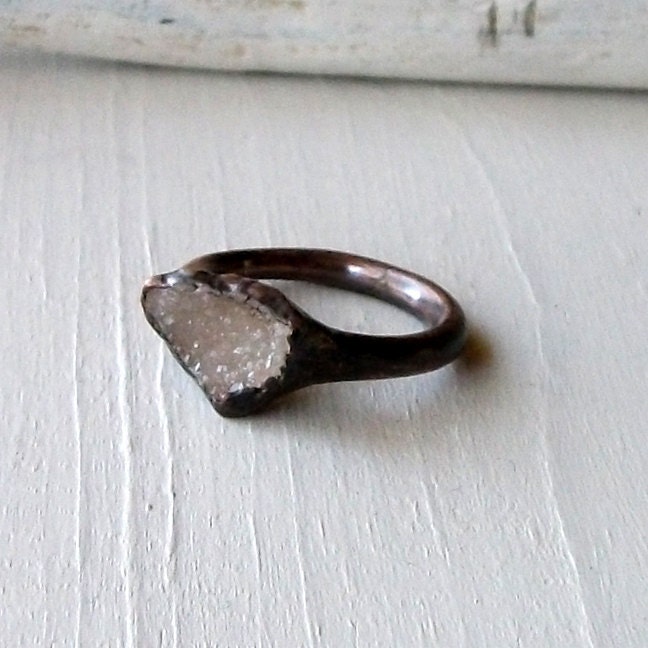 Druzy Copper Ring Geode Cream Champagne Handmade Artisan