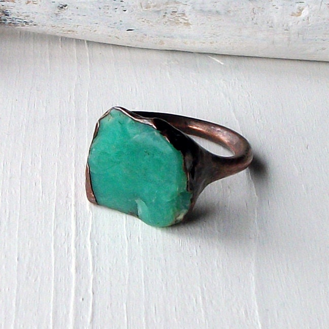 Unisex Copper Chrysoprase Ring Emerald Caribbean Green Handmade Organic Raw Modern