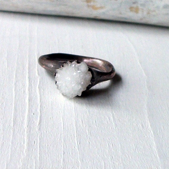 Ring Druzy Copper Geode Pearl Gem Stone Frost Sugared White Crystal Handmade Raw Artisan