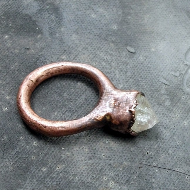 Copper Ring Herkimer Diamond Raw Quartz Crystal Ice Natural Gem Stone Patina Artisan