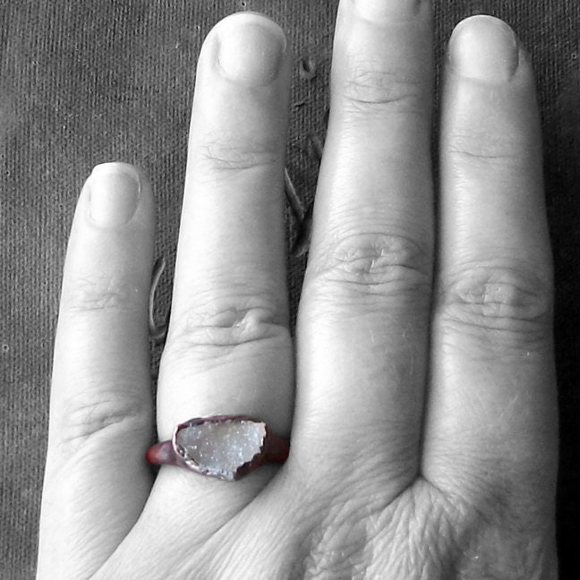 Druzy Copper Ring Geode Cream Champagne Handmade Artisan
