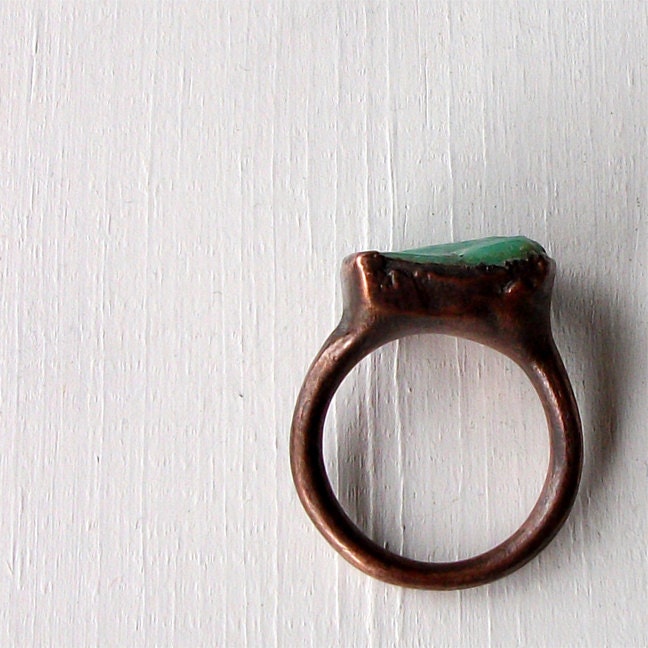 Unisex Copper Chrysoprase Ring Emerald Caribbean Green Handmade Organic Raw Modern
