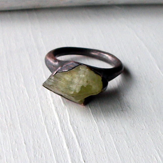 Brazilianite Copper Ring Yellow Green Olive Chartreuse Raw Gem Stone Crystal Artisan Handmade