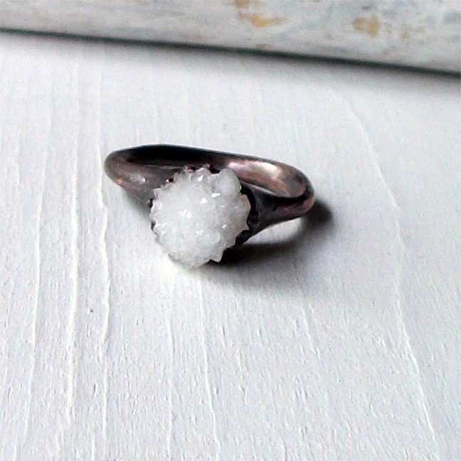 Ring Druzy Copper Geode Pearl Gem Stone Frost Sugared White Crystal Handmade Raw Artisan