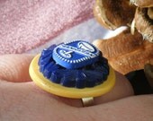 Chunky Manhattan Cocktail Ring, HAPPY hour PARTY, silver adjustable band, yellow & blue vintage bakelite buttons, fun 21 birthday gift OOAK