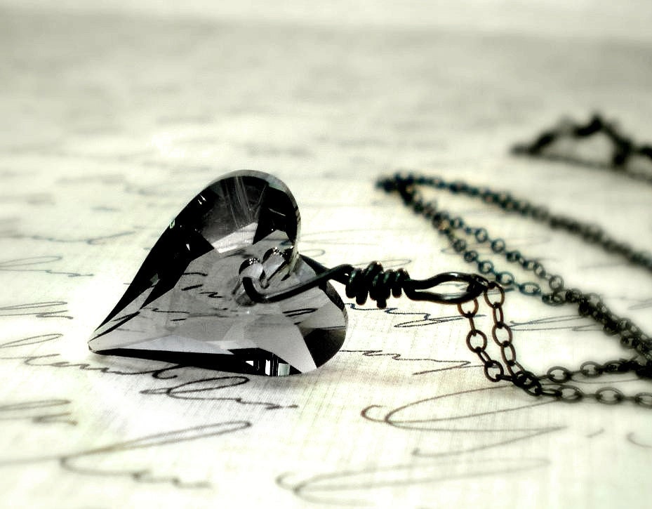 Heart Necklace Swarovski Crystal Sterling Silver Oxidized Romeo and Juliet Wire Wrapped Under 30 Valentine