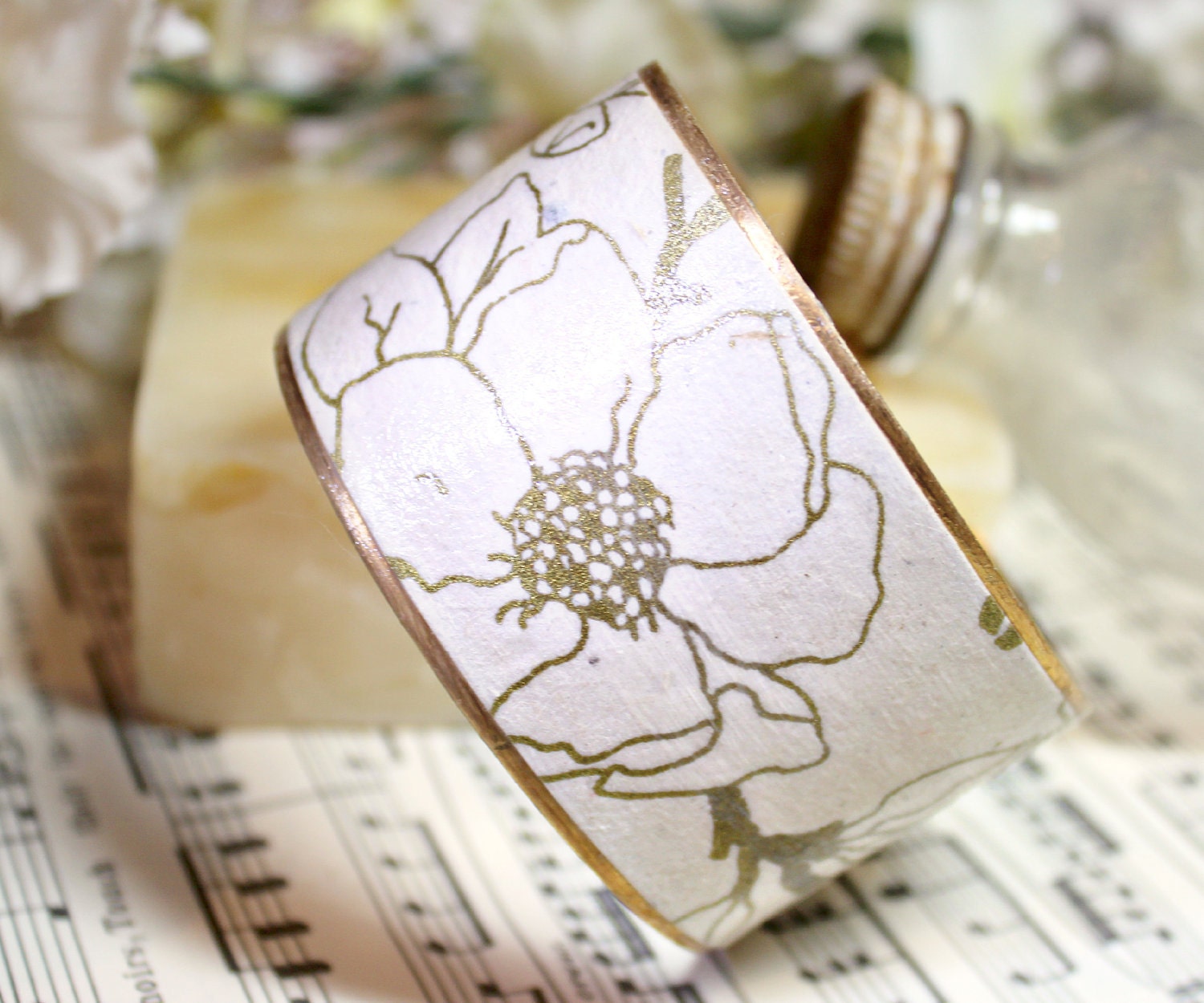 Cherry Blossom Bracelet Brass Cuff Handmade Gold Gilded Paper