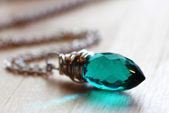 Teal Quartz Crystal Necklace Rare Chandelier Briolette Cut Wire Wrapped Pendant Gemstone in Sterling Silver