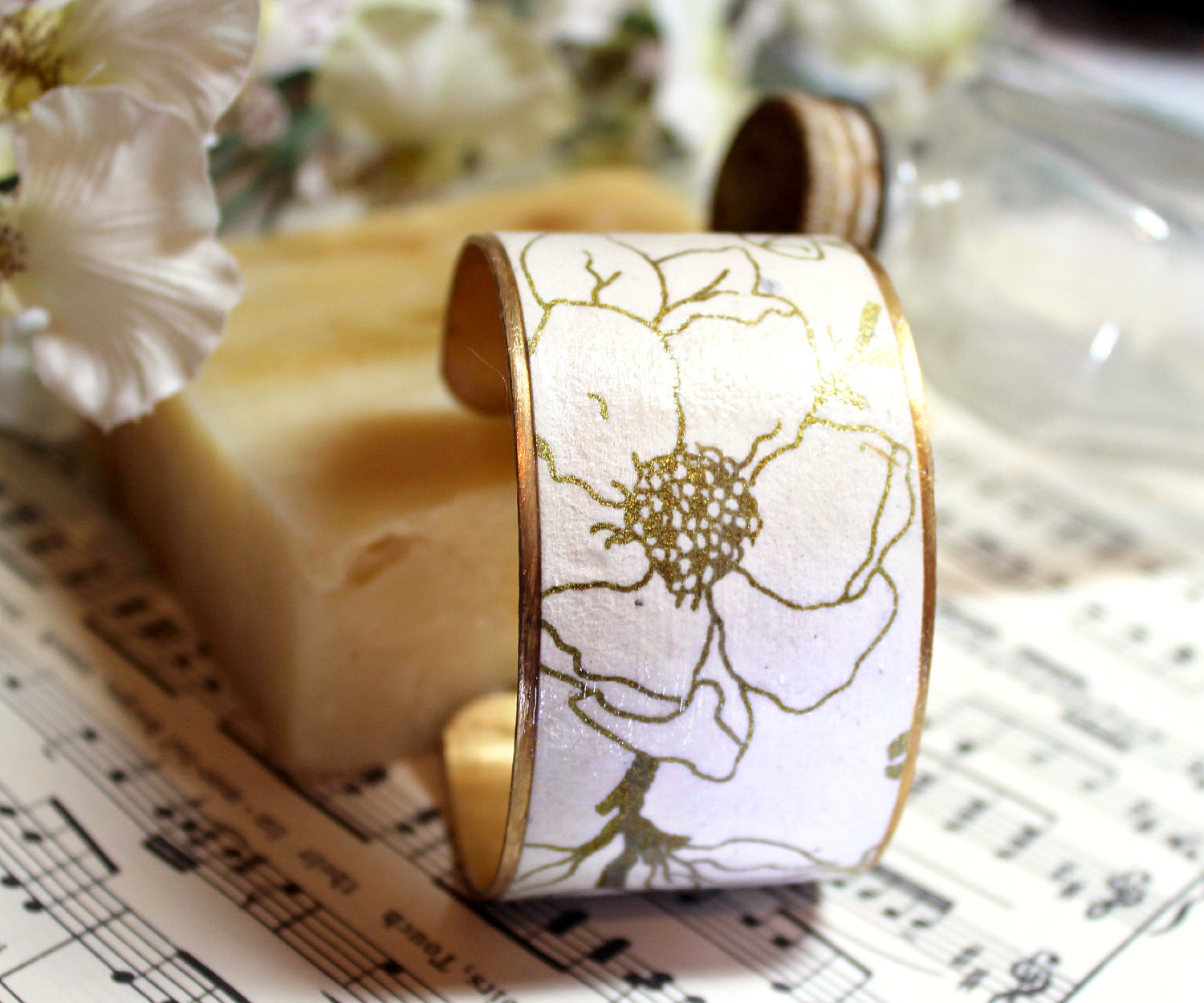 Cherry Blossom Bracelet Brass Cuff Handmade Gold Gilded Paper