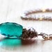 Teal Quartz Crystal Necklace Rare Chandelier Briolette Cut Wire Wrapped Pendant Gemstone in Sterling Silver
