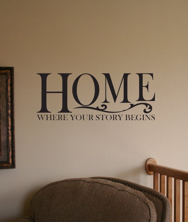 HOME Where Your Story Begins - Viny Wall Decal Lettering Quote Swirls Art
