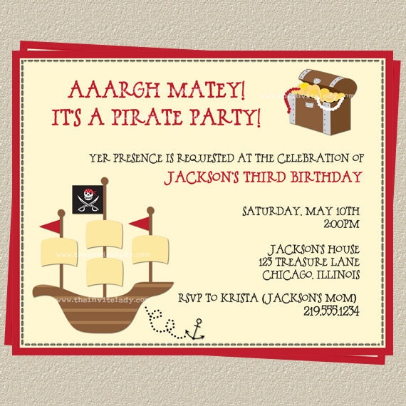 Pirate Birthday Invitations, Birthday Party Invites, Boys Red and Black, Set of 10 Printed, Free Shipping