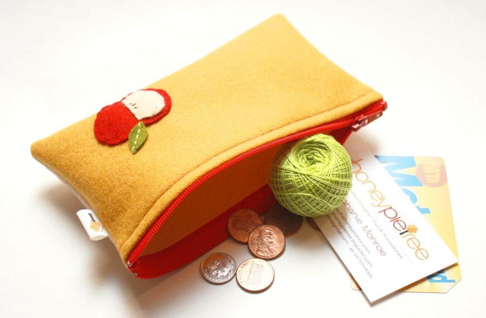 Zippered Felt Pouch / Red Delicious Apple Hand Embroidered Wool Felt