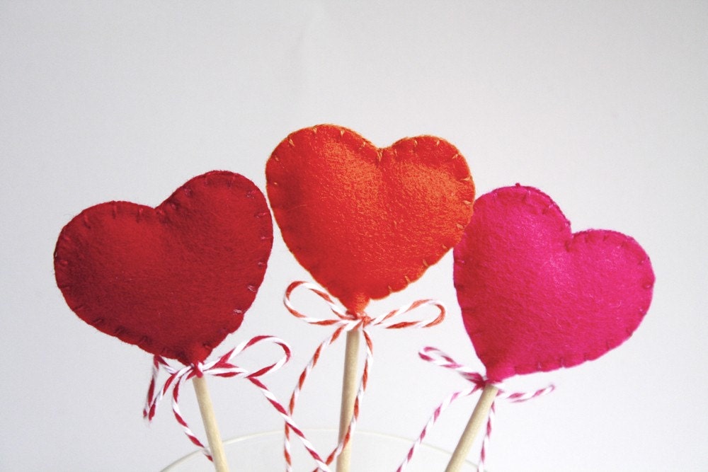 Valentines Decorations / Heart Felt Lollipops / Six (6) Wool Felt Hearts Il_570xn