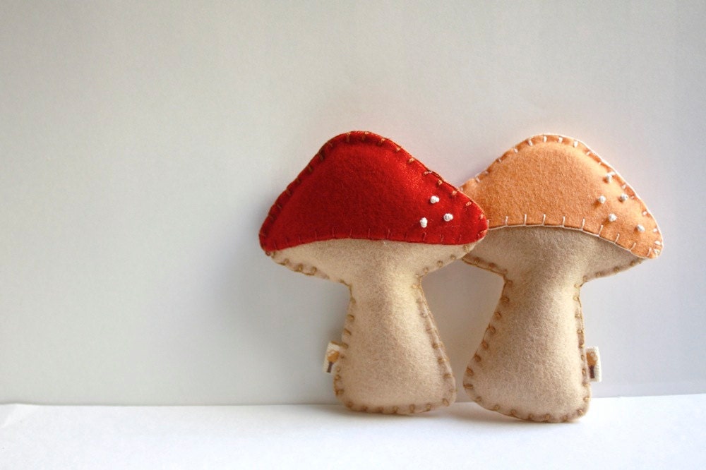 Baby Mushroom Rattles Set / Rustic Red and Apricot / Organic Cotton Stuffing