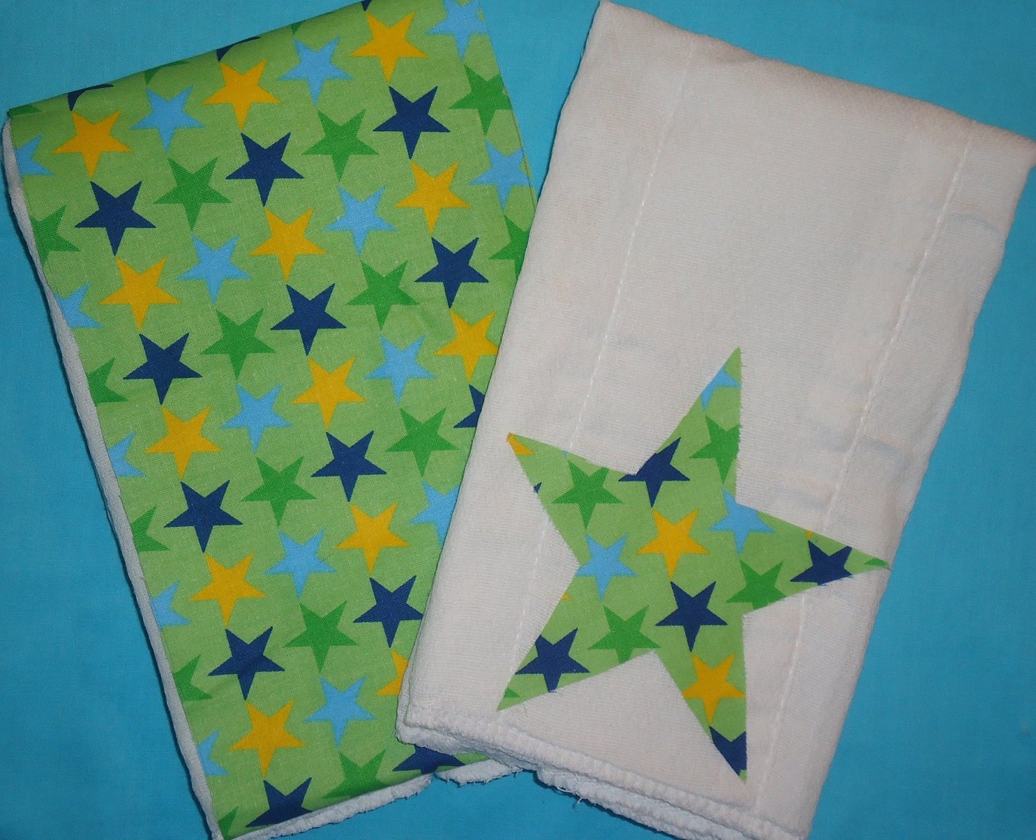 Personalized Custom 2 pack of Burp Cloths - Baby Boys Neutral - Super Star - Blue, Green and Yellow - Great Baby Shower or New Baby Gift