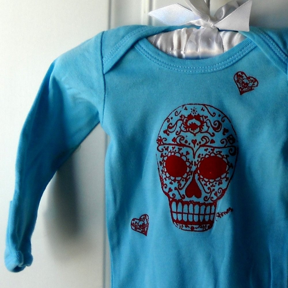 Long Sleeved Sugar skull onesie, cotton baby bodysuit dyed turquoise or custom colors