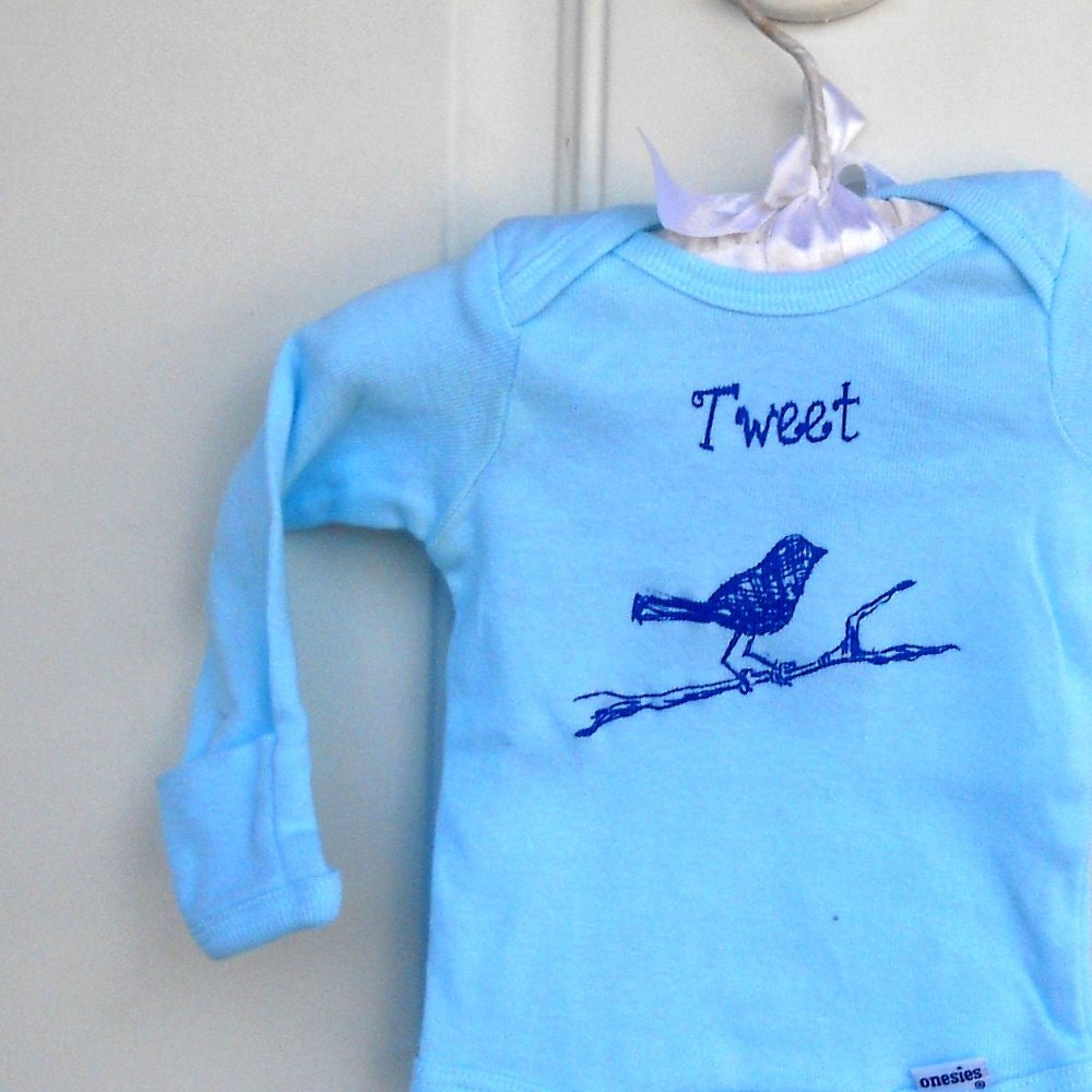 Bird on a branch saying "tweet" long sleeved baby onesie in turquoise or custom colors