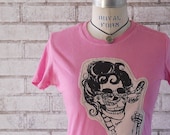 Womens Tee Shirt, Masquerade Ball Skeleton appliquéd  Ladies Cotton crew neck tshirt in hot pink or custom colors
