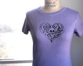 Skull and Crossbones in a heart short sleeved ladies cotton Tee Shirt dyed periwinkle or custom colors