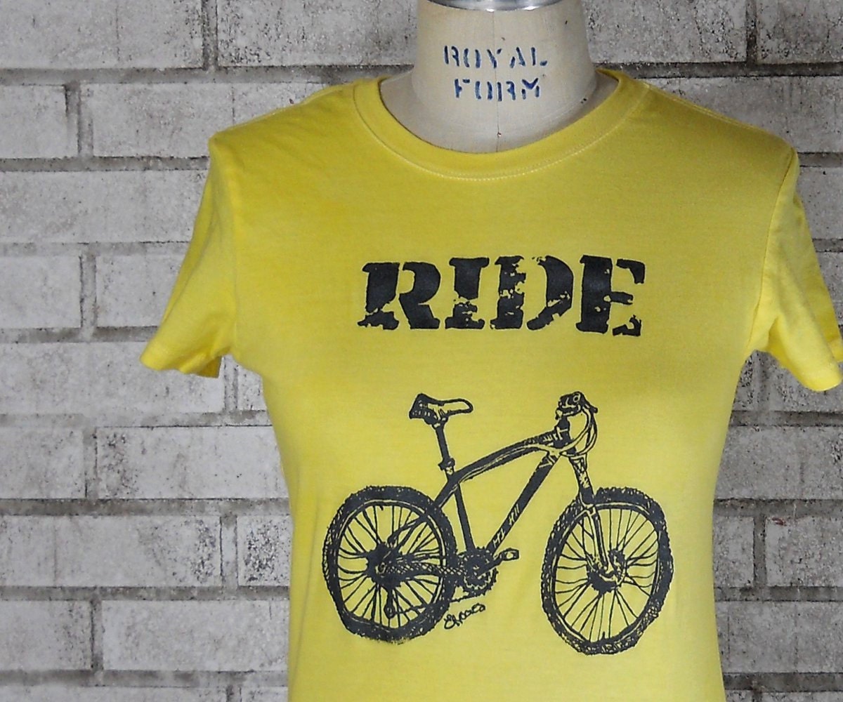 Ladies "RIDE" Mountain Bike Tshirt, cotton crew neck tee shirt in blue or custom colors