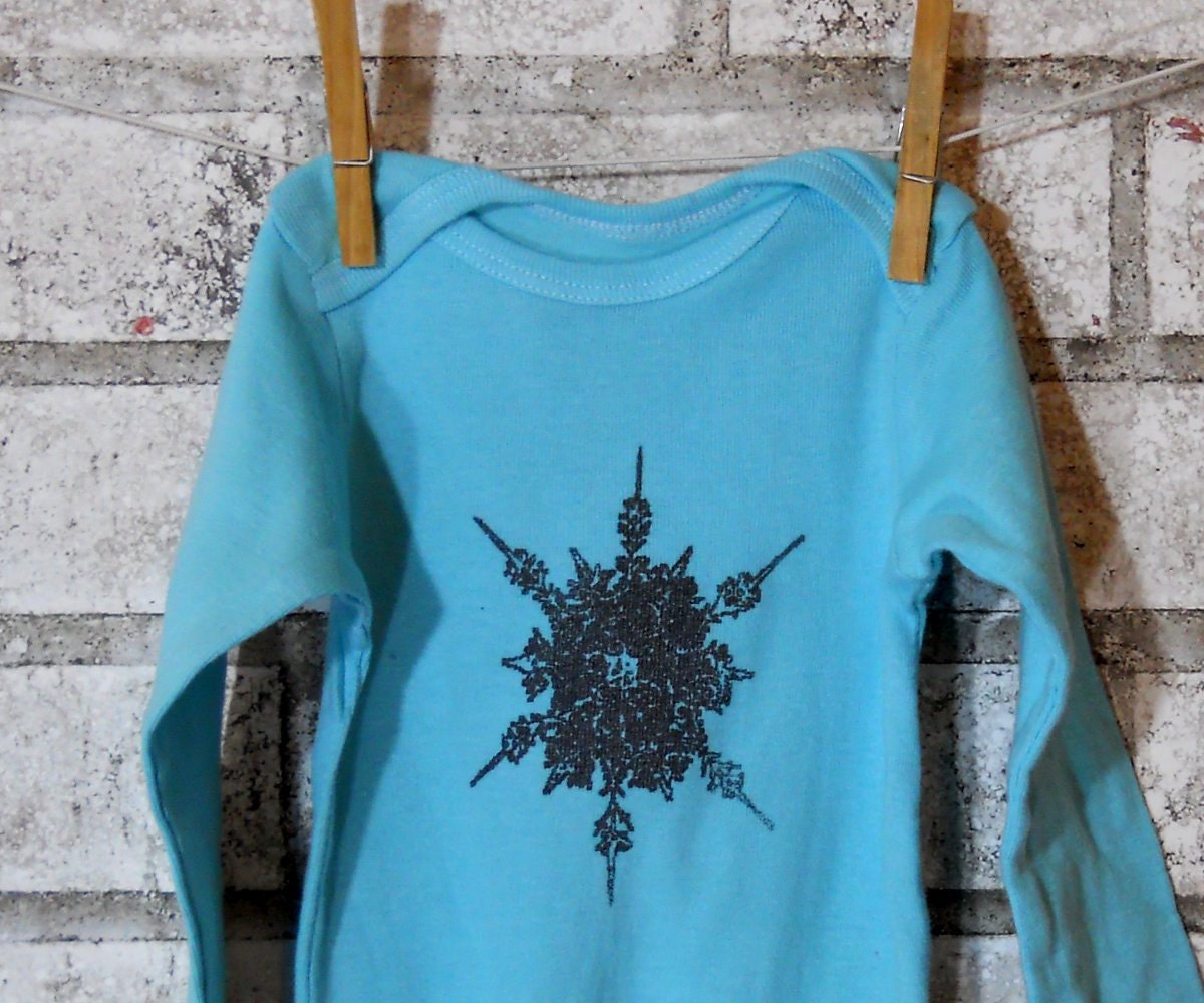 Long Sleeved Winter Holiday Snowflake Onesie, cotton baby bodysuit, dyed blue or custom colors