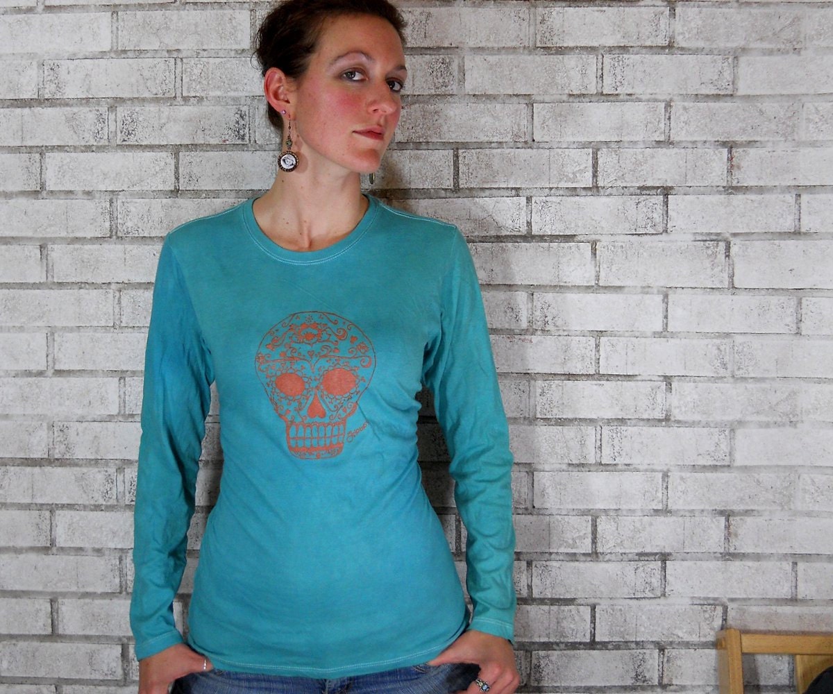 Sugar Skull Long Sleeved  tshirt in deep teal  or custom colors