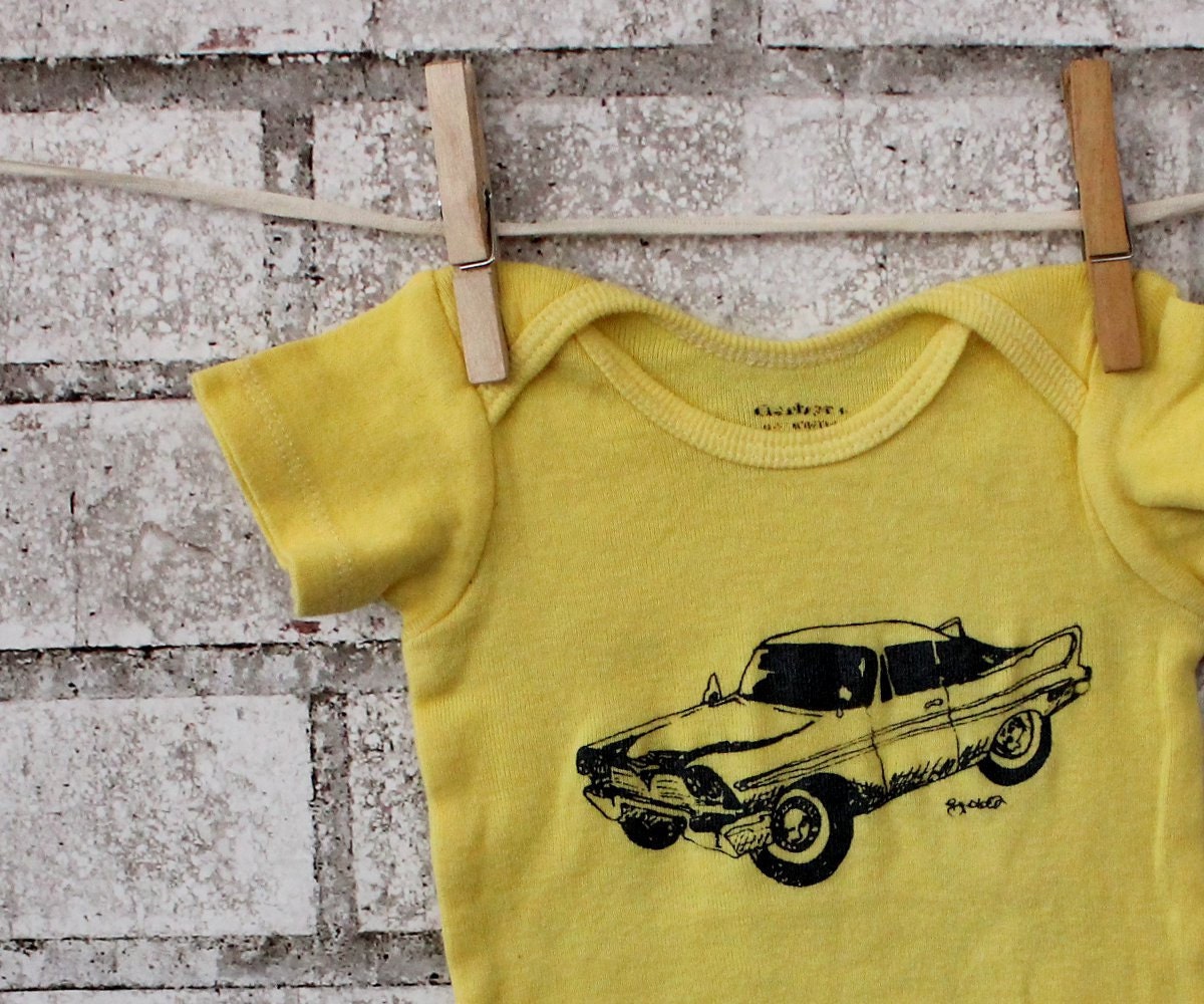 Baby bodysuit Onesie,screenprinted with Classic Car, Plymouth Fury, dyed yellow or custom colors