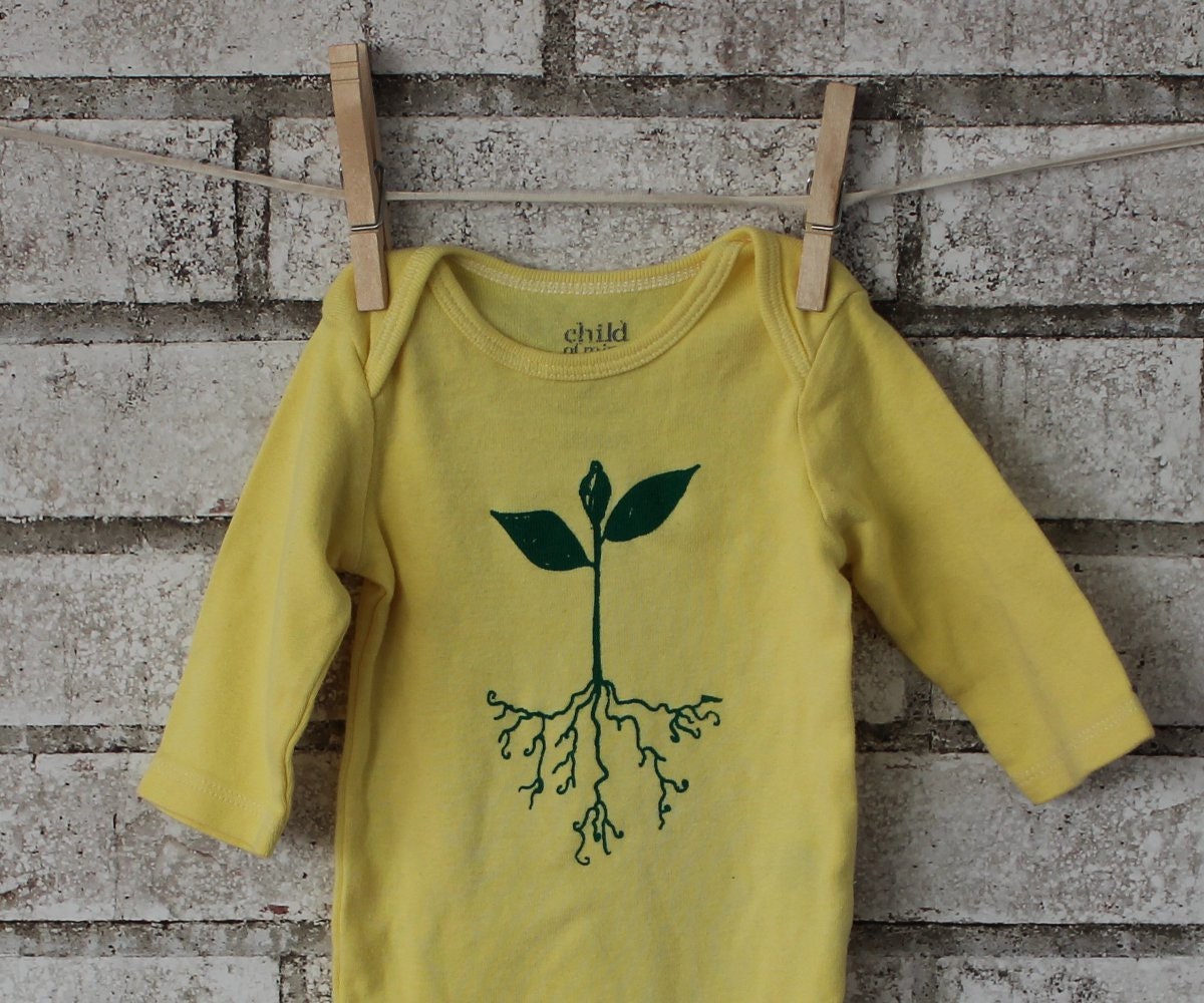 Garden Sprout Onesie, Long Sleeved baby bodysuit With Little Sprout on it, dyed yellow or custom
