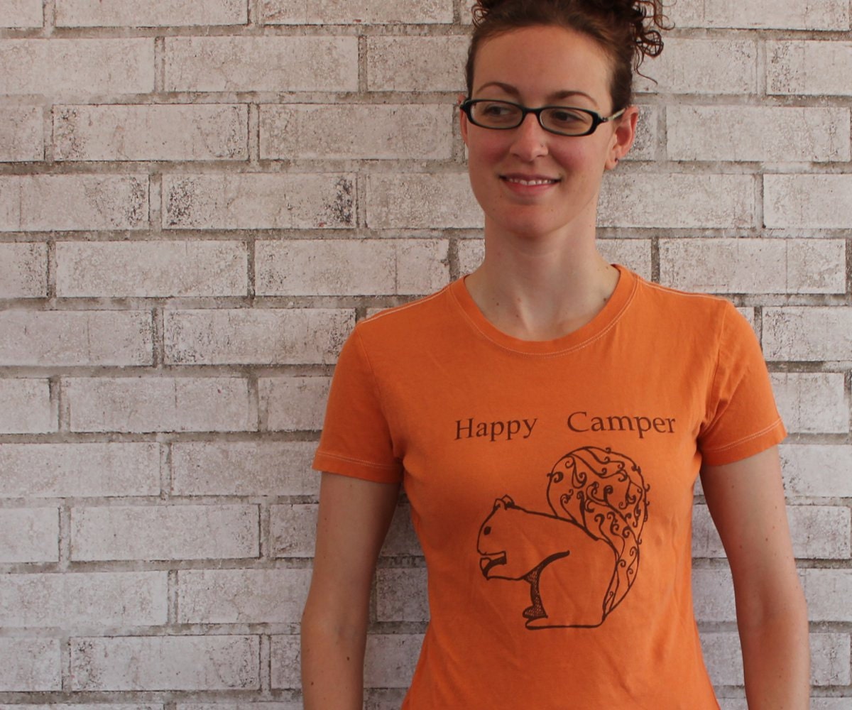 Happy Camper Tshirt, Ladies Cotton Crewneck Tee Shirt, dyed orange or custom colors