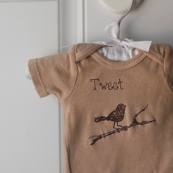 Tweet bird on branch cotton baby onesie in peachy tan or custom colors