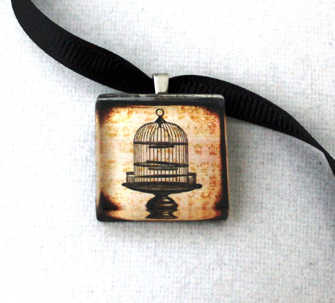 Set Free Empty Birdcage Square Glass Tile Necklace - WoodenNickelsJewelry