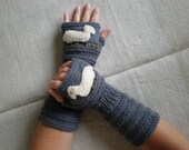 Hand-knitted grey wrist warmers with hand needlecrafted sheep