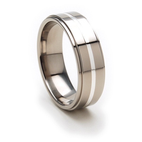New Comfort Fit Band, 7mm Titanium Ring, Sterling Silver Inlay, Free Jewelry Sizing 4-17