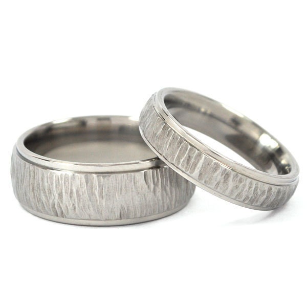 New Tree-Bark His and Hers Set Titanium Wedding Rings